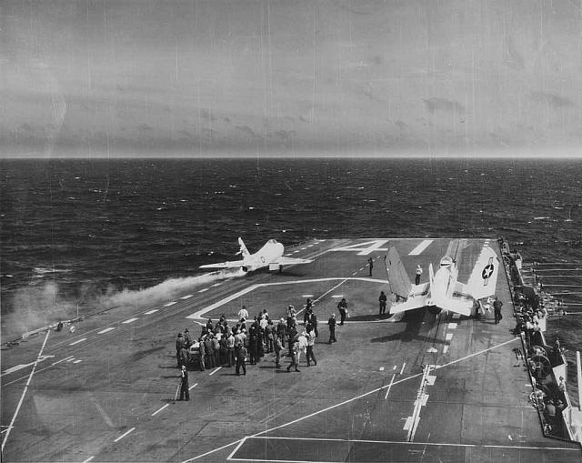 VA-63 Fighting Redcocks FJ-4B loses it's port main wheel during cat shot.