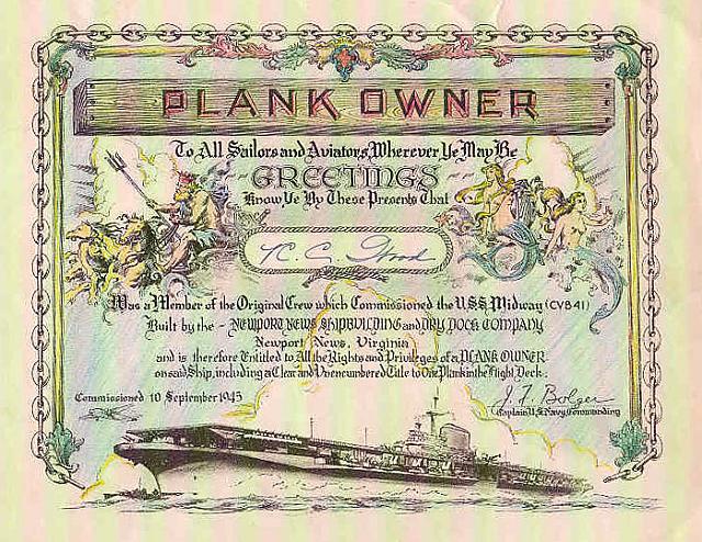 R.C. Wood's Plank Owner certificate - courtesy of Bob Wood
