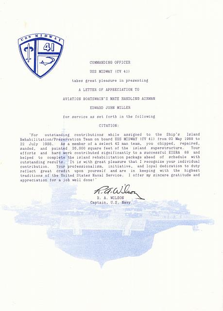 Captain's Letter of Appreciation - Courtesy of Eddie Miller
