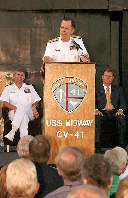 June 03, 2006 - CNO Adm. Mike Mullen delivers a speech for the Victory of Midway Commemoration at the SDACM aboard ex-USS Midway