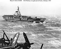 USS Midway steams through a gale east of Sicily, 4 February 1949.