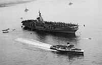 1948, "At the tail of The Bank, River Clyde, Scotland." USS Midway (CVB-41) and Paddle Steamer Caledonia - Courtesy of