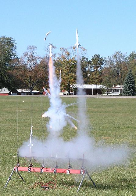 Bullpup drag race. Left model is just starting. Center Bullup has cato'd. Right model wins the race!