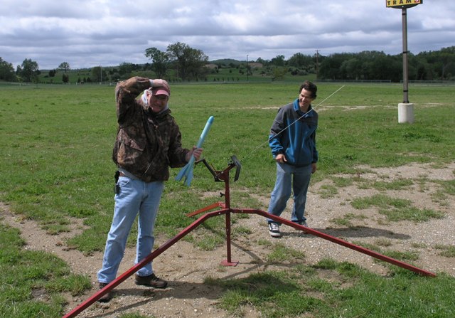 Scott and I prepar to launch a sacrificial Big Bertha as an offering to the Wind Gods